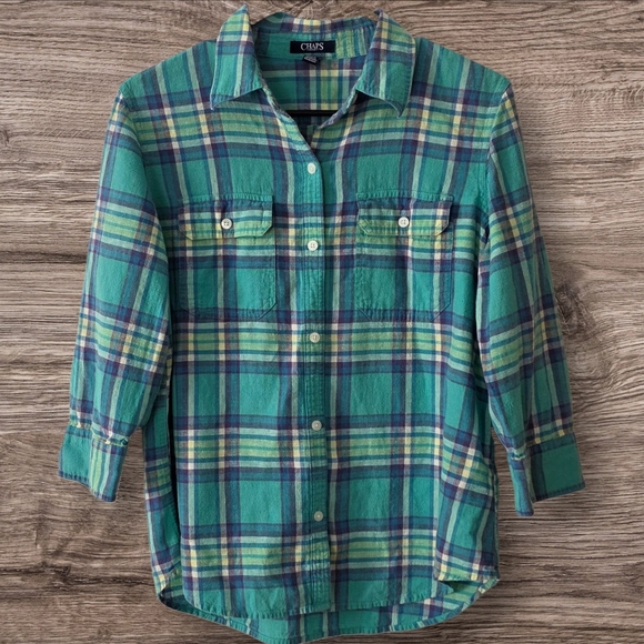 Chaps Denim Women’s Green Blue Plaid Linen Cotton Blend Button Up Size Lg - Picture 1 of 5